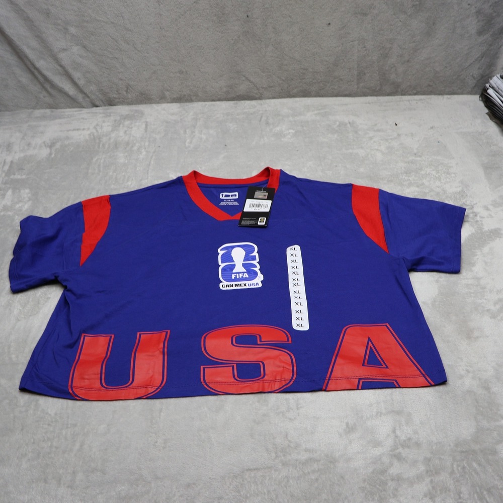 FIFA Shirt Womens XL Blue V-Neck World Cup 2026 USA Cropped Relaxed Tee $25 NEW